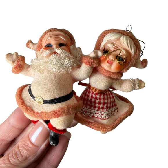 VTG Santa & Mrs Claus Flocked Plastic Christmas Ornaments Blow Mold 1960s - Picture 1 of 14